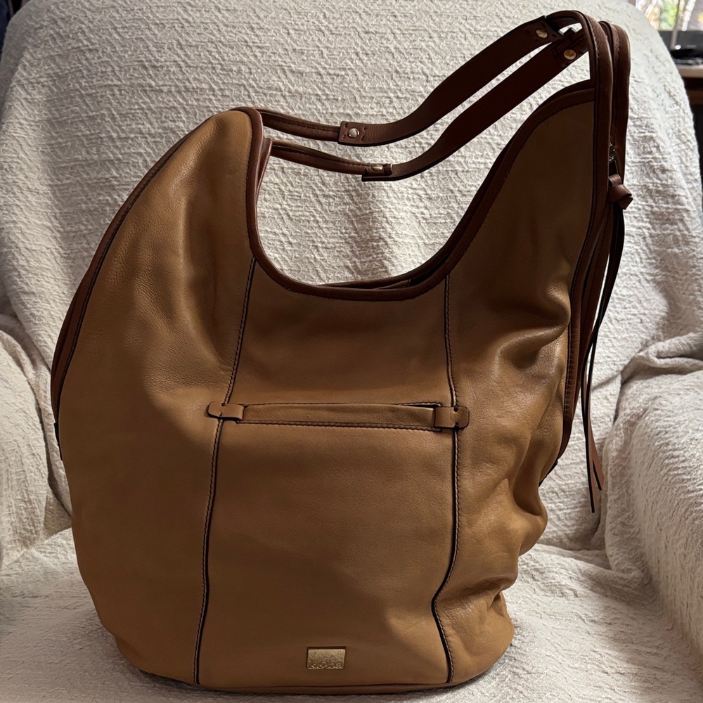 Kooba Tan & Brown soft Leather Hobo Bag w/ gold accents, easy entry side zippers